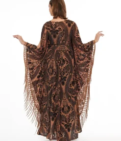 Unique Vintage Caftans|Caftans>1960s Black & Nude Floral Fringe Flutter Sleeve Caftan