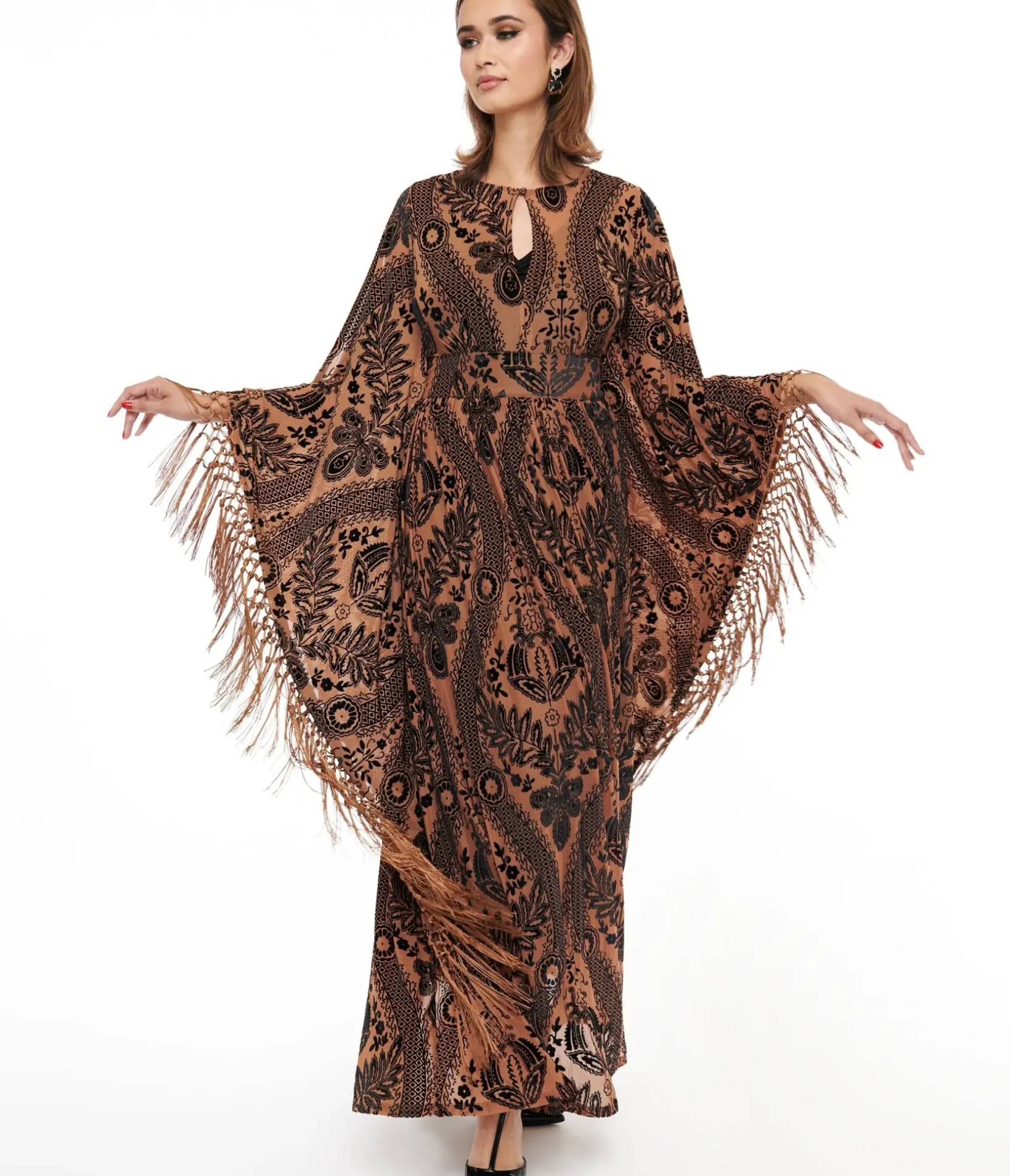 Unique Vintage Caftans|Caftans>1960s Black & Nude Floral Fringe Flutter Sleeve Caftan