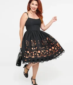 Unique Vintage Everyday Dresses|All Things Black>1950s Black & Orange Dia De Los Muertos Cutout Bobbie Swing Dress