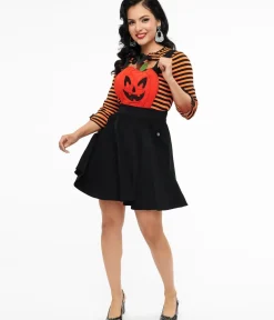 Unique Vintage Skirts|All Things Black>1950s Black & Orange Jack-O-Lantern Pinafore