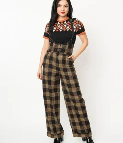 Unique Vintage Pants|All Things Black>1930s Black & Orange Plaid Thelma Suspender Pants