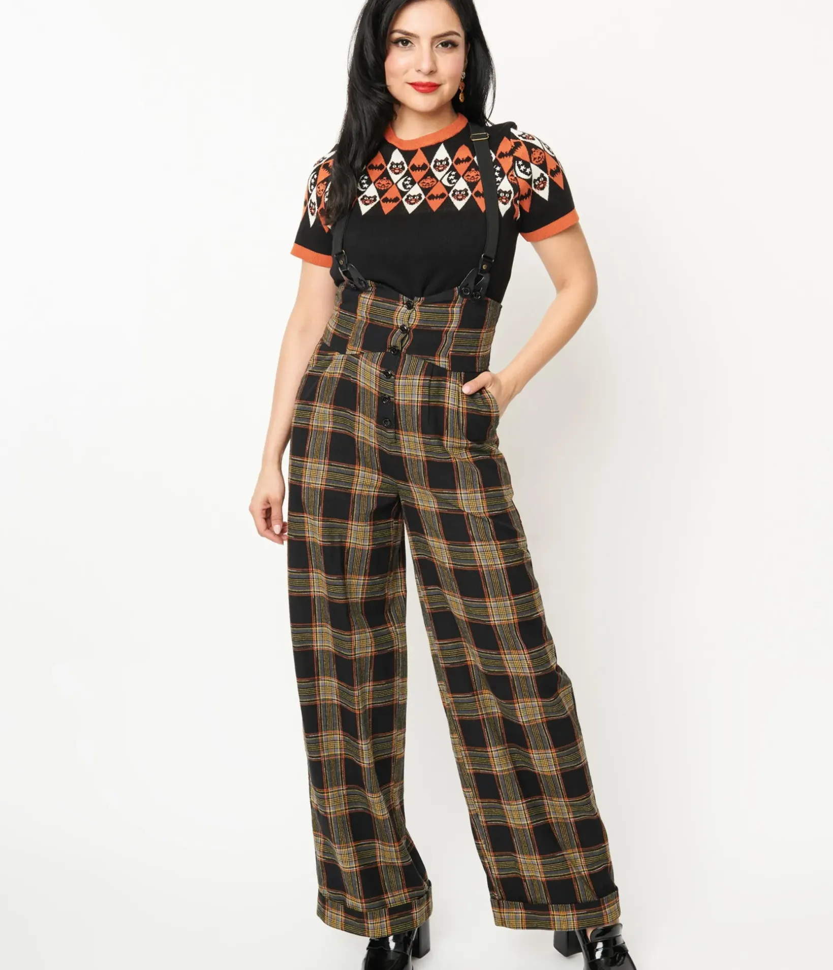 Unique Vintage Pants|All Things Black>1930s Black & Orange Plaid Thelma Suspender Pants