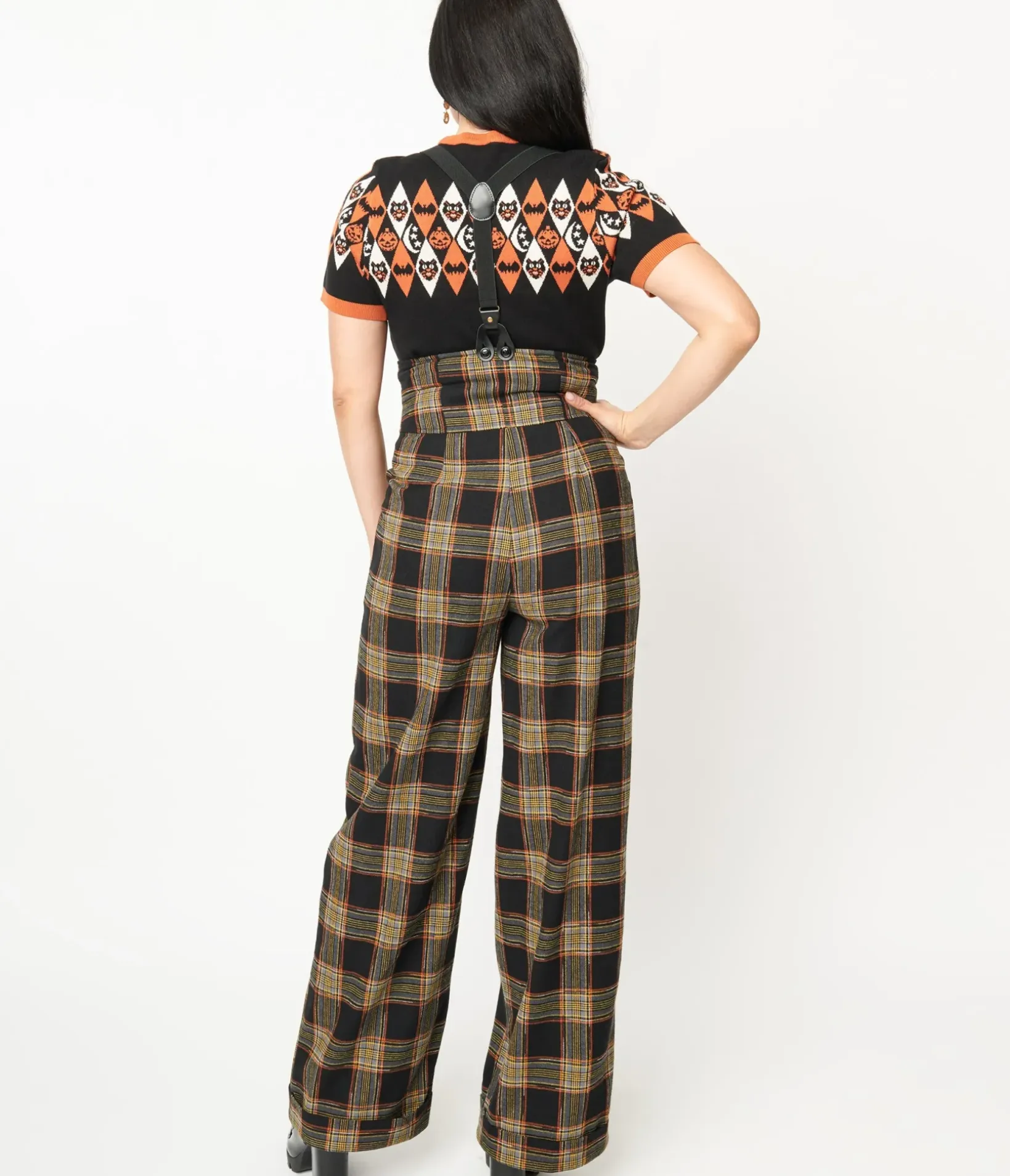 Unique Vintage Pants|All Things Black>1930s Black & Orange Plaid Thelma Suspender Pants