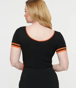 Unique Vintage Halloween>1970s Black & Orange Pumpkin Surplice Bodysuit