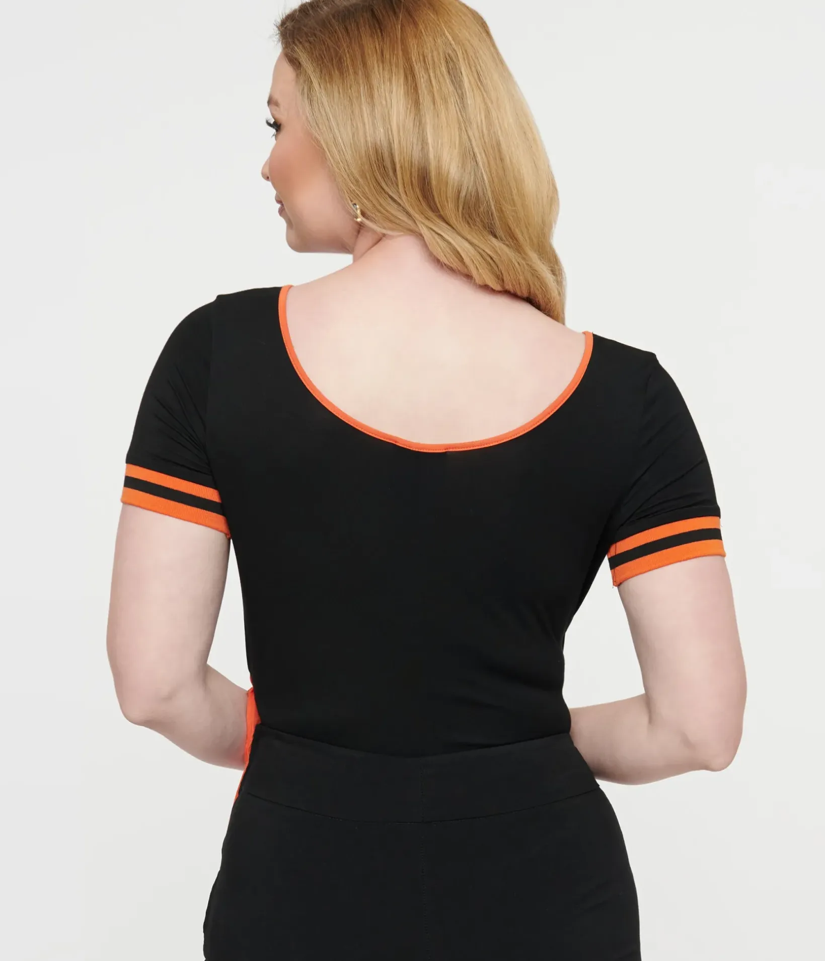 Unique Vintage Halloween>1970s Black & Orange Pumpkin Surplice Bodysuit
