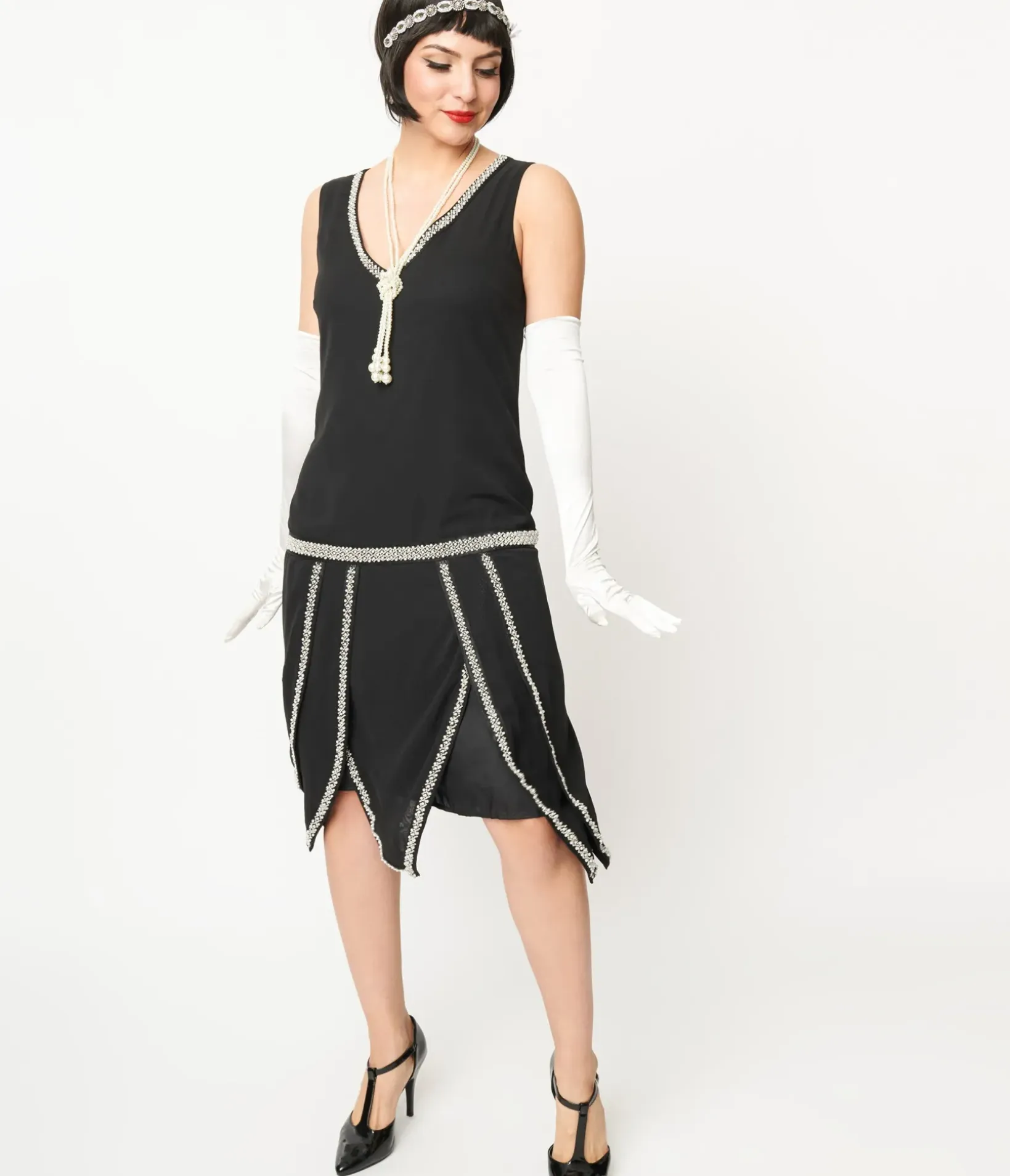 Unique Vintage Special Occasion|Flapper Dresses>1920s Black & Pearl Beaded Petal Flapper Dress