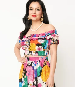 Unique Vintage Blouses|All Things Pink>1970s Black & Pink Floral Off Ruffle Up Crop Top