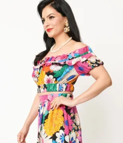 Unique Vintage Blouses|All Things Pink>1970s Black & Pink Floral Off Ruffle Up Crop Top