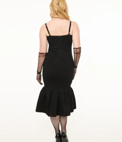 Unique Vintage Pencil|Midi>1960s Black Pleated Bengaline Mermaid Pencil Dress