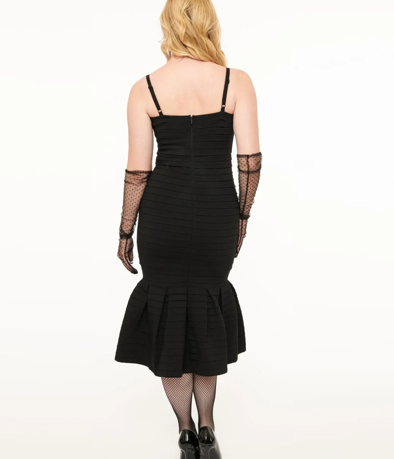 Unique Vintage Pencil|Midi>1960s Black Pleated Bengaline Mermaid Pencil Dress