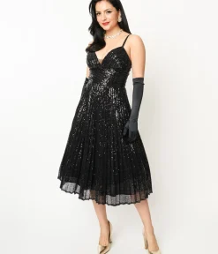 Unique Vintage Swing|Everyday Dresses>1950s Black Pleated Sequin Swing Dress
