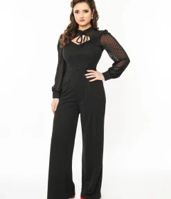 Unique Vintage Rompers & Jumpsuits|All Things Black>1970s Black & Polka Dot Long Sleeve Jumpsuit