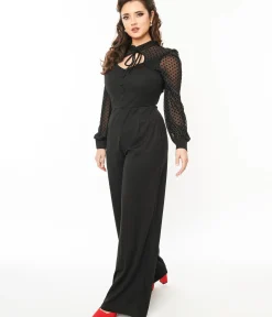 Unique Vintage Rompers & Jumpsuits|All Things Black>1970s Black & Polka Dot Long Sleeve Jumpsuit