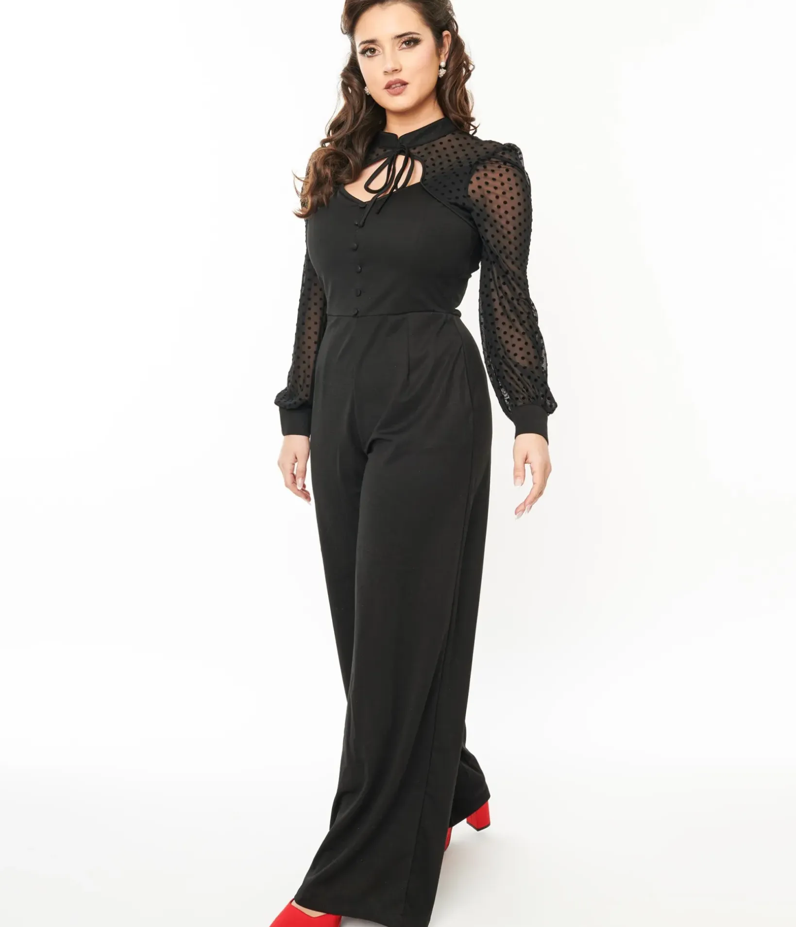 Unique Vintage Rompers & Jumpsuits|All Things Black>1970s Black & Polka Dot Long Sleeve Jumpsuit