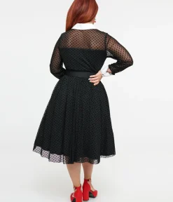 Unique Vintage Swing|Everyday Dresses>1950s Black Polka Dot Tulle Swing Dress