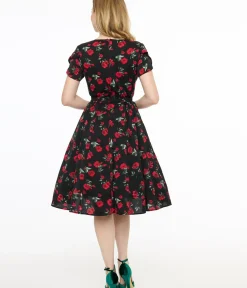 Unique Vintage Swing|Everyday Dresses>1940s Black & Red Floral Print Tulip Sleeve Swing Dress