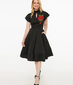 Unique Vintage Swing|Everyday Dresses>1940s Black & Red Poinsettia Baltimore Swing Dress