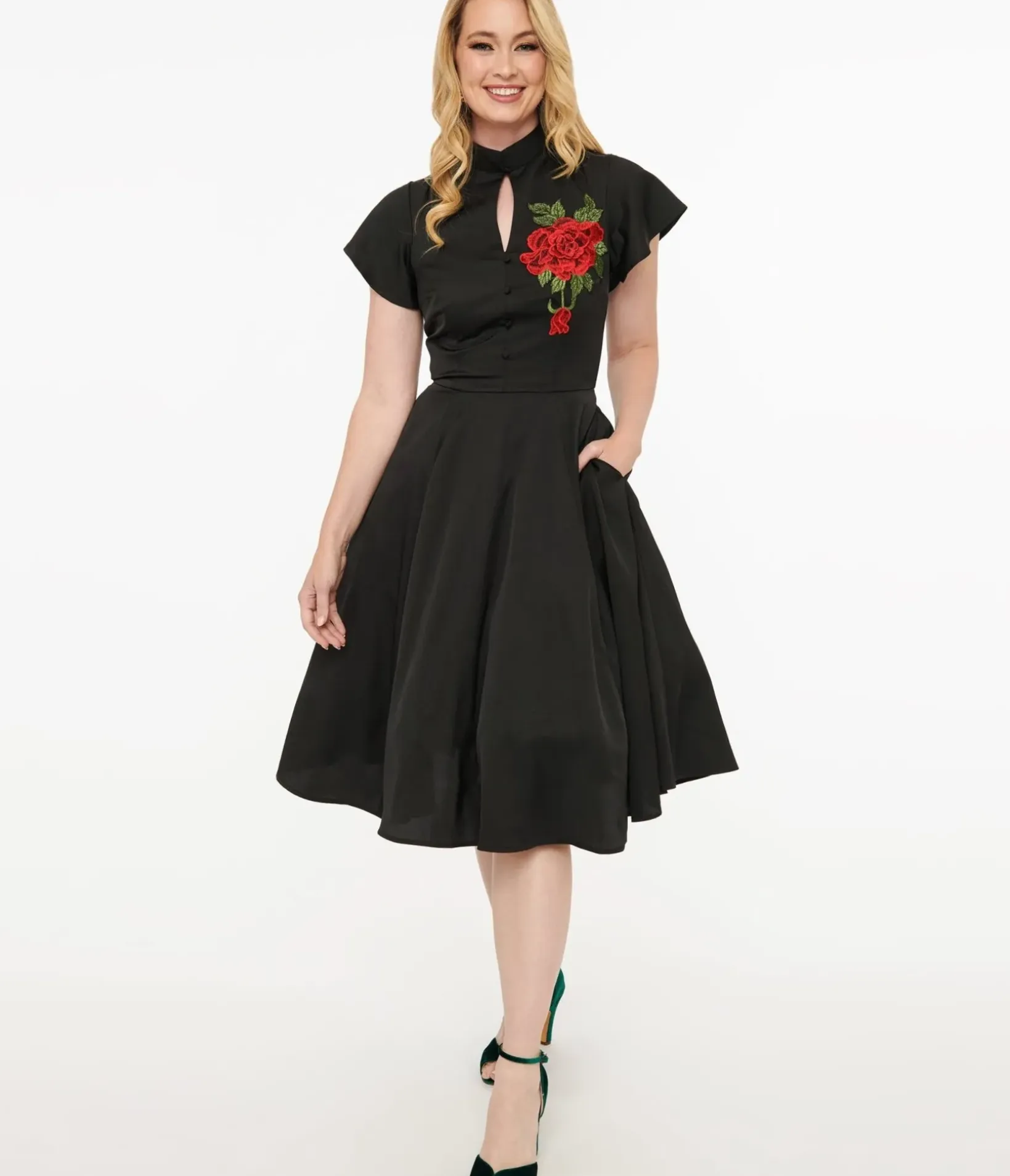 Unique Vintage Swing|Everyday Dresses>1940s Black & Red Poinsettia Baltimore Swing Dress