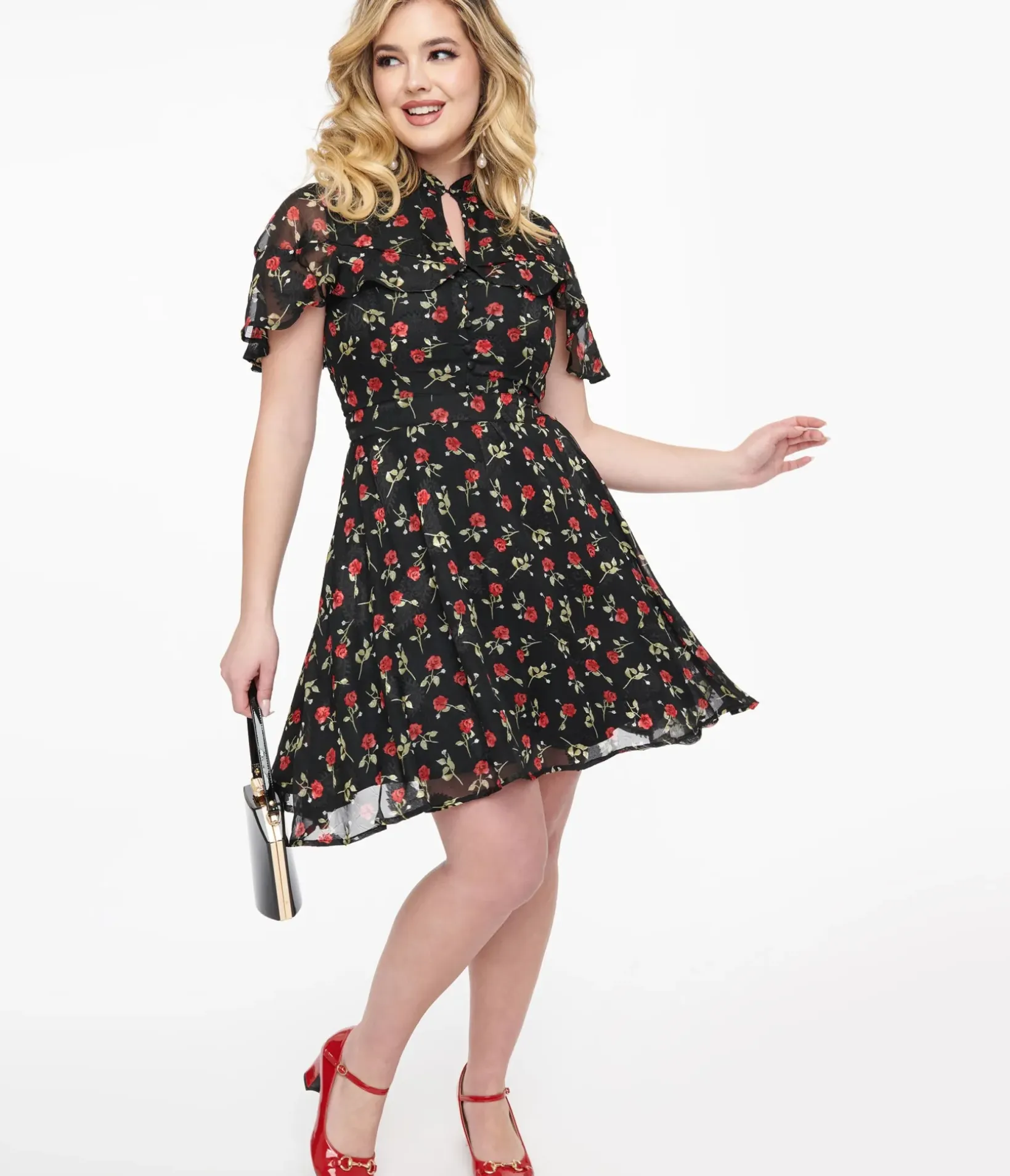 Unique Vintage Fit & Flare|Everyday Dresses>1950s Black & Red Rose Capulet Fit & Flare Dress