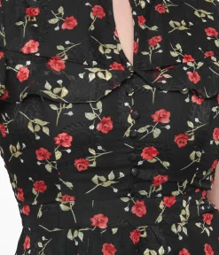 Unique Vintage Fit & Flare|Everyday Dresses>1950s Black & Red Rose Capulet Fit & Flare Dress