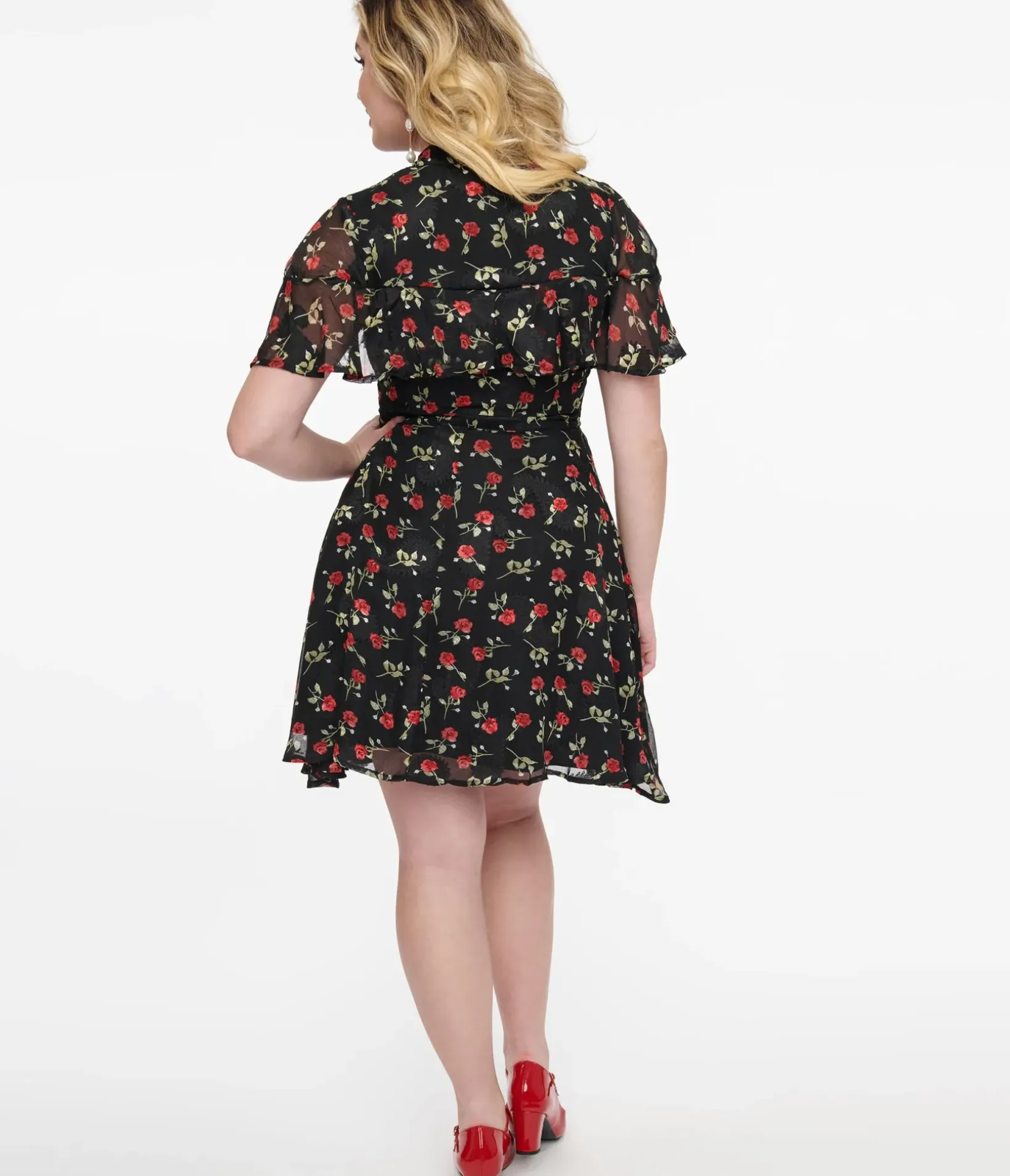 Unique Vintage Fit & Flare|Everyday Dresses>1950s Black & Red Rose Capulet Fit & Flare Dress
