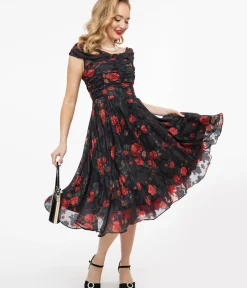 Unique Vintage Swing|Everyday Dresses>1950s Black & Red Rose Off The Shoulder Cocktail Dress