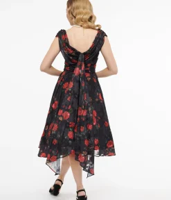 Unique Vintage Swing|Everyday Dresses>1950s Black & Red Rose Off The Shoulder Cocktail Dress