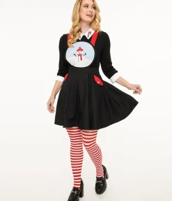 Unique Vintage Skirts|All Things Red>1950s Black & Red Snowman Snow Globe Pinafore