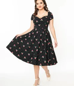 Unique Vintage All Things Black>1950s Black & Rose Stamp Midge Swing Dress