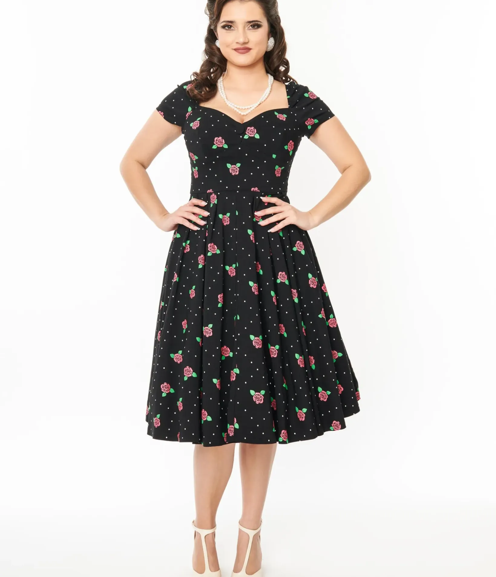 Unique Vintage All Things Black>1950s Black & Rose Stamp Midge Swing Dress