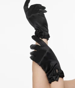 Unique Vintage All Things Black|Gloves & Scarves>1950s Black Satin Bow Gloves