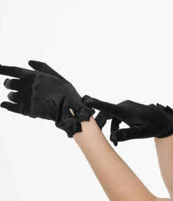 Unique Vintage All Things Black|Gloves & Scarves>1950s Black Satin Bow Gloves