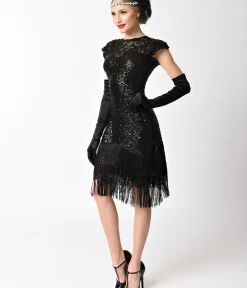 Unique Vintage Pencil|Everyday Dresses>1920s Black Sequin Fringe Del Mar Flapper Dress
