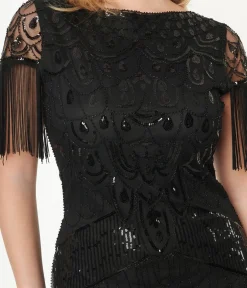 Unique Vintage Everyday Dresses|Special Occasion>1920s Black Sequin Sleeved Laure Flapper Dress