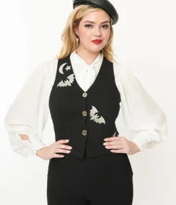 Unique Vintage All Things Black>1940s Black & Silver Bat Button Up Vest