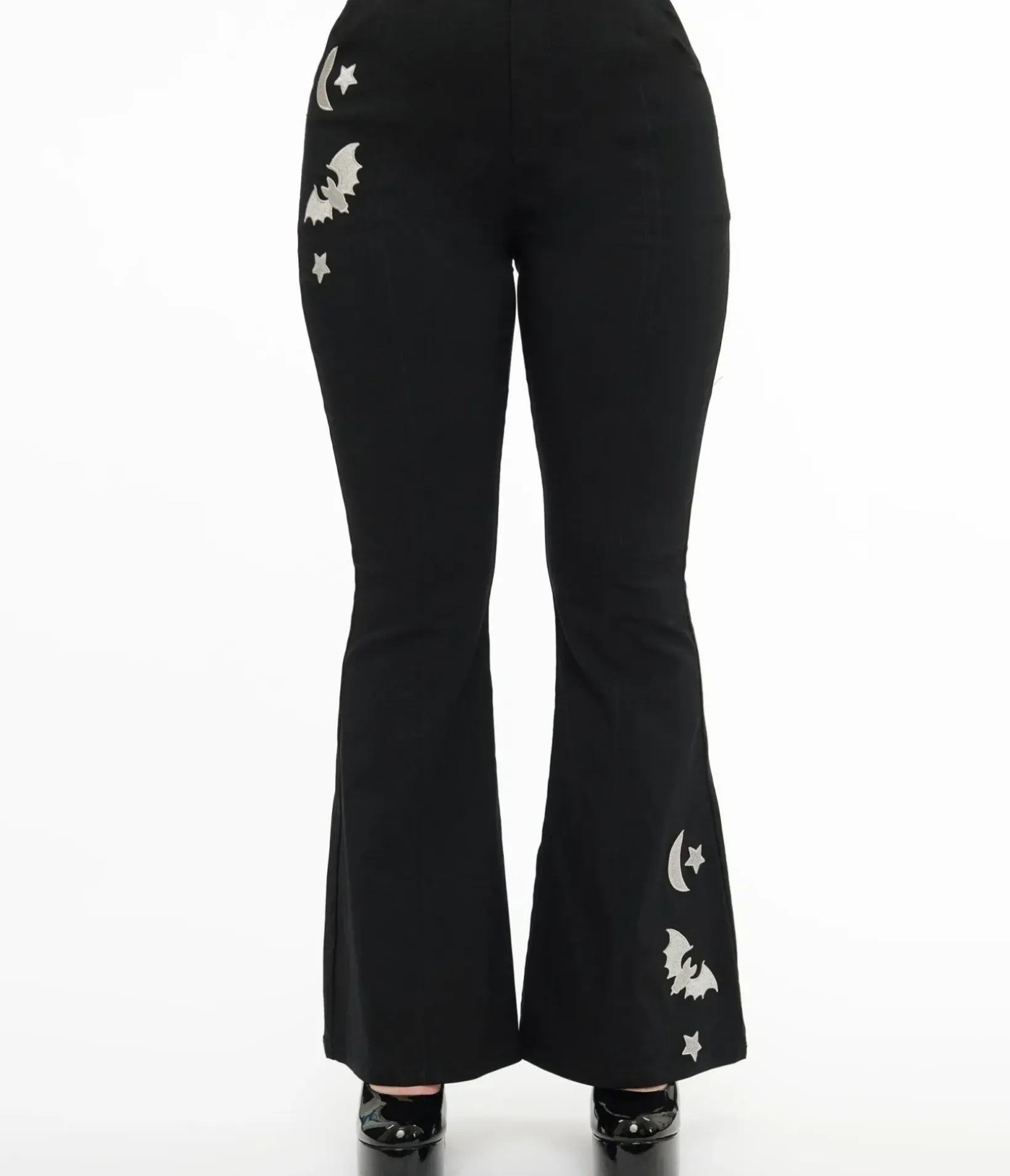 Unique Vintage Pants|All Things Black>1970s Black & Silver Bats Flare Pants
