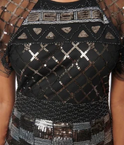 Unique Vintage All Things Black>1920s Black & Silver Geometric Sequin Fringe Flapper Dress
