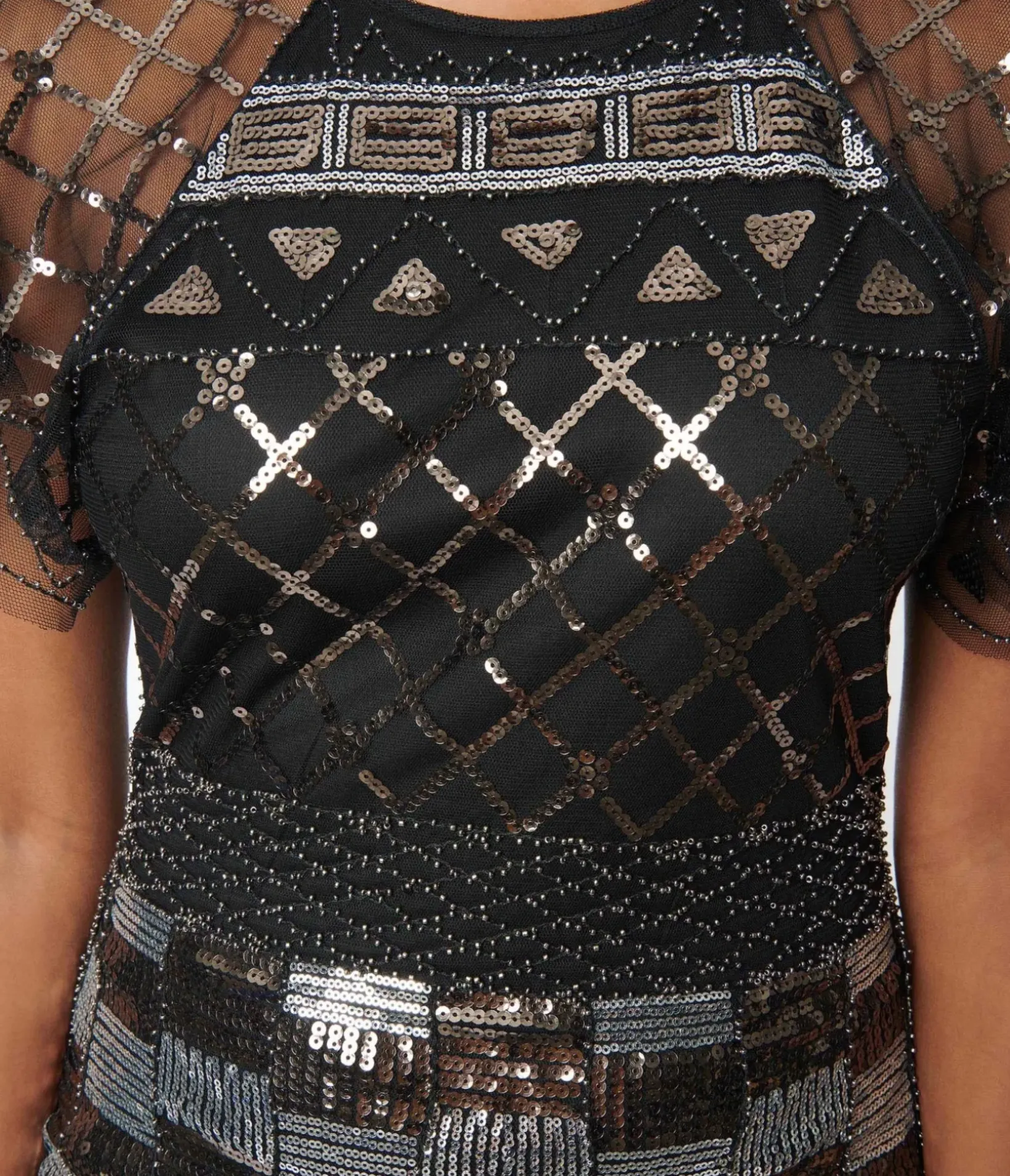 Unique Vintage All Things Black>1920s Black & Silver Geometric Sequin Fringe Flapper Dress