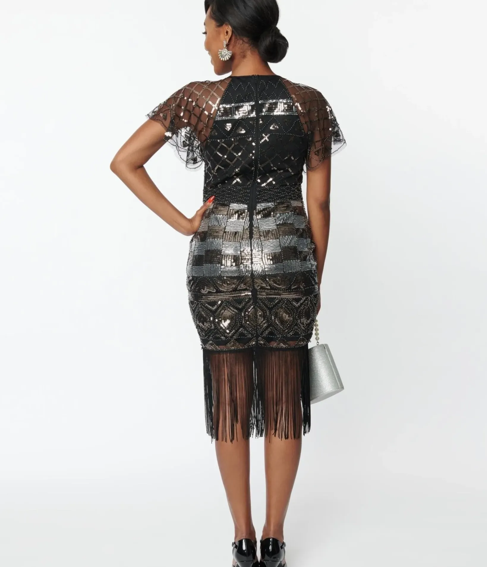 Unique Vintage All Things Black>1920s Black & Silver Geometric Sequin Fringe Flapper Dress