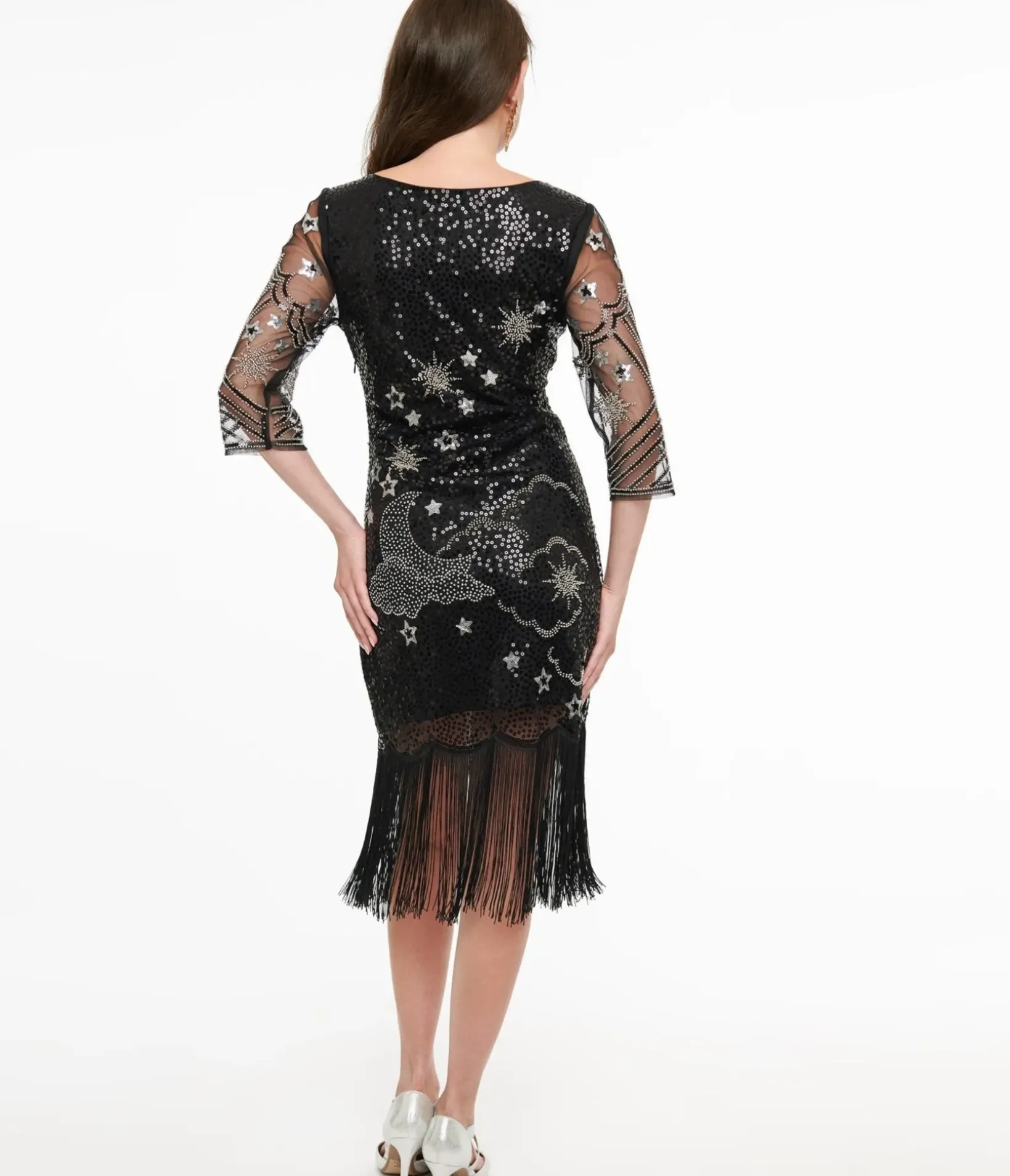 Unique Vintage Special Occasion|All Things Black>1920s Black & Silver Moon & Stars Sequin Margaux Flapper Dress