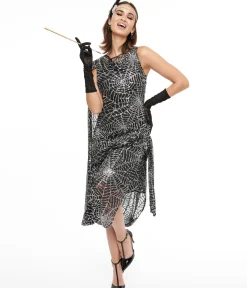 Unique Vintage Everyday Dresses|Special Occasion>1920s Black & Silver Sequin Spider Web Draped Flapper Dress