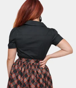 Unique Vintage All Things Black|Halloween>1940s Black Spooky Cat Cotton Blouse