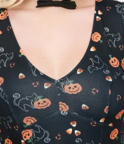 Unique Vintage Fit & Flare|Everyday Dresses>1950s Black Spooky Cats & Pumpkins Poppy Flare Dress