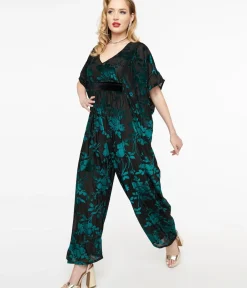 Unique Vintage Caftans|Caftans>1970s Black & Teal Velvet Floral Burnout Caftan Jumpsuit