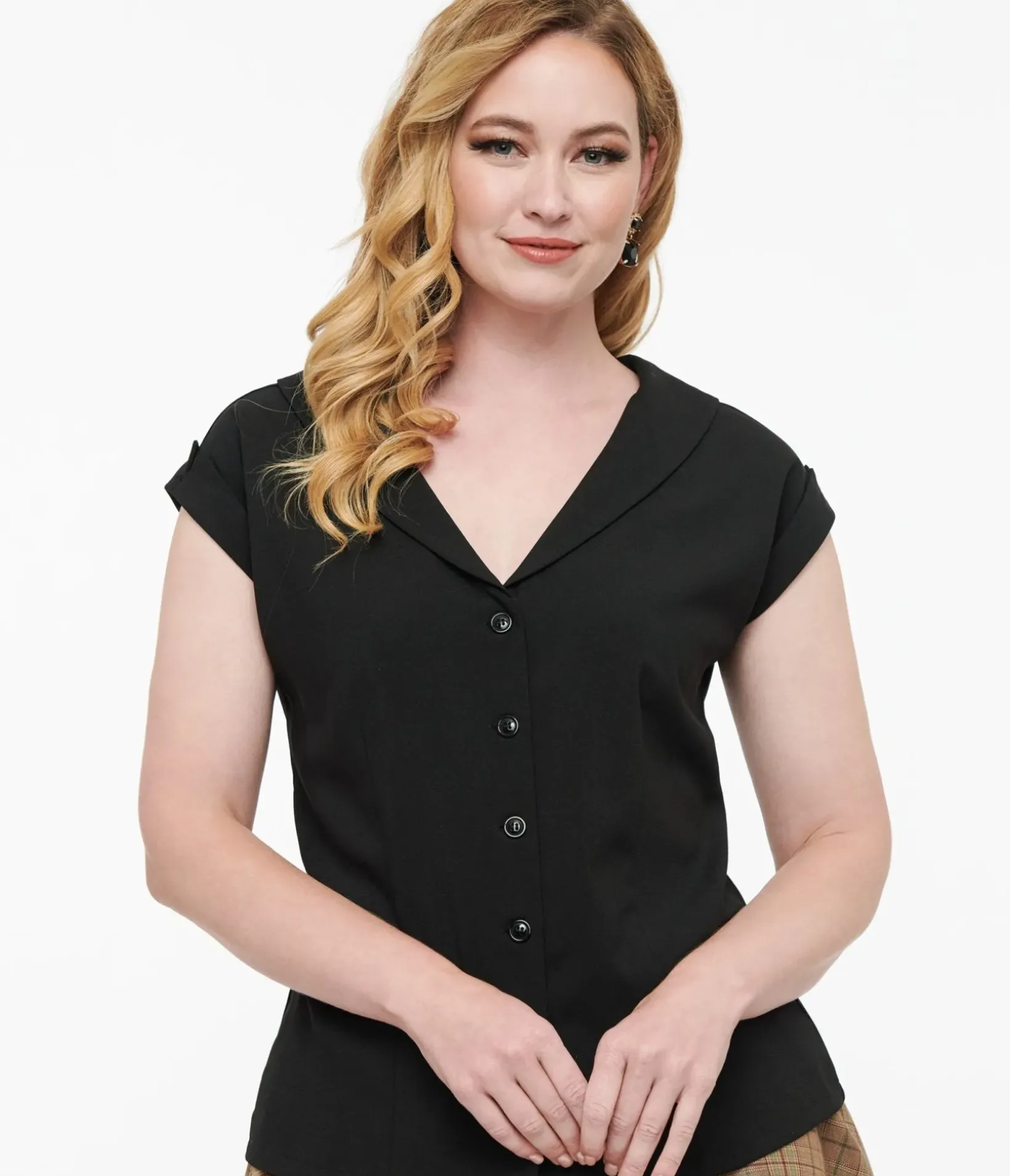 Unique Vintage Blouses|All Things Black>1960s Black Twill Sleeveless Blouse