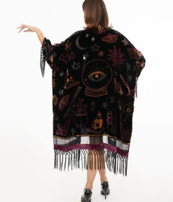 Unique Vintage Jackets|Coats & Jackets>1920s Black Velvet Burnout Mystical Icons Fringe Kimono