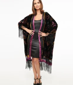 Unique Vintage Jackets|Coats & Jackets>1920s Black Velvet Burnout Mystical Icons Fringe Kimono