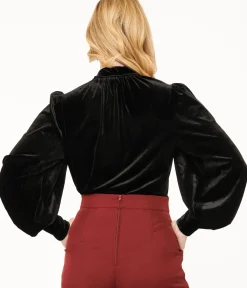 Unique Vintage All Things Black|Work Wear>1940s Black Velvet Long Sleeve Bow Blouse