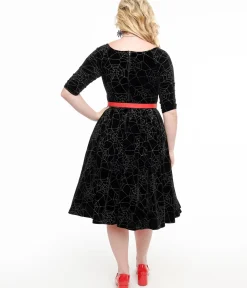 Unique Vintage Swing|Pocket Dresses>1950s Black Velvet & Silver Spiderweb Marceline Swing Dress