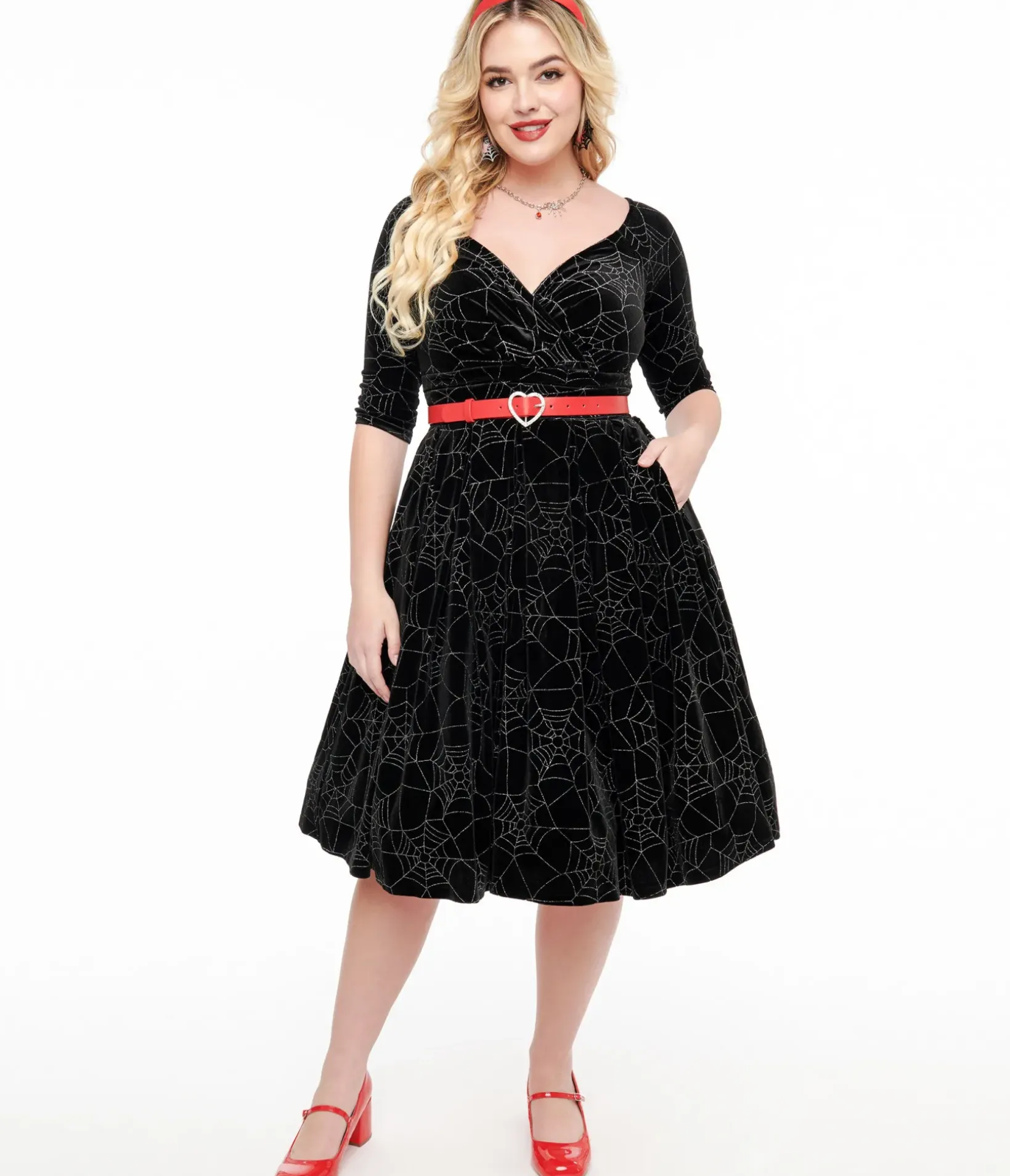 Unique Vintage Swing|Pocket Dresses>1950s Black Velvet & Silver Spiderweb Marceline Swing Dress